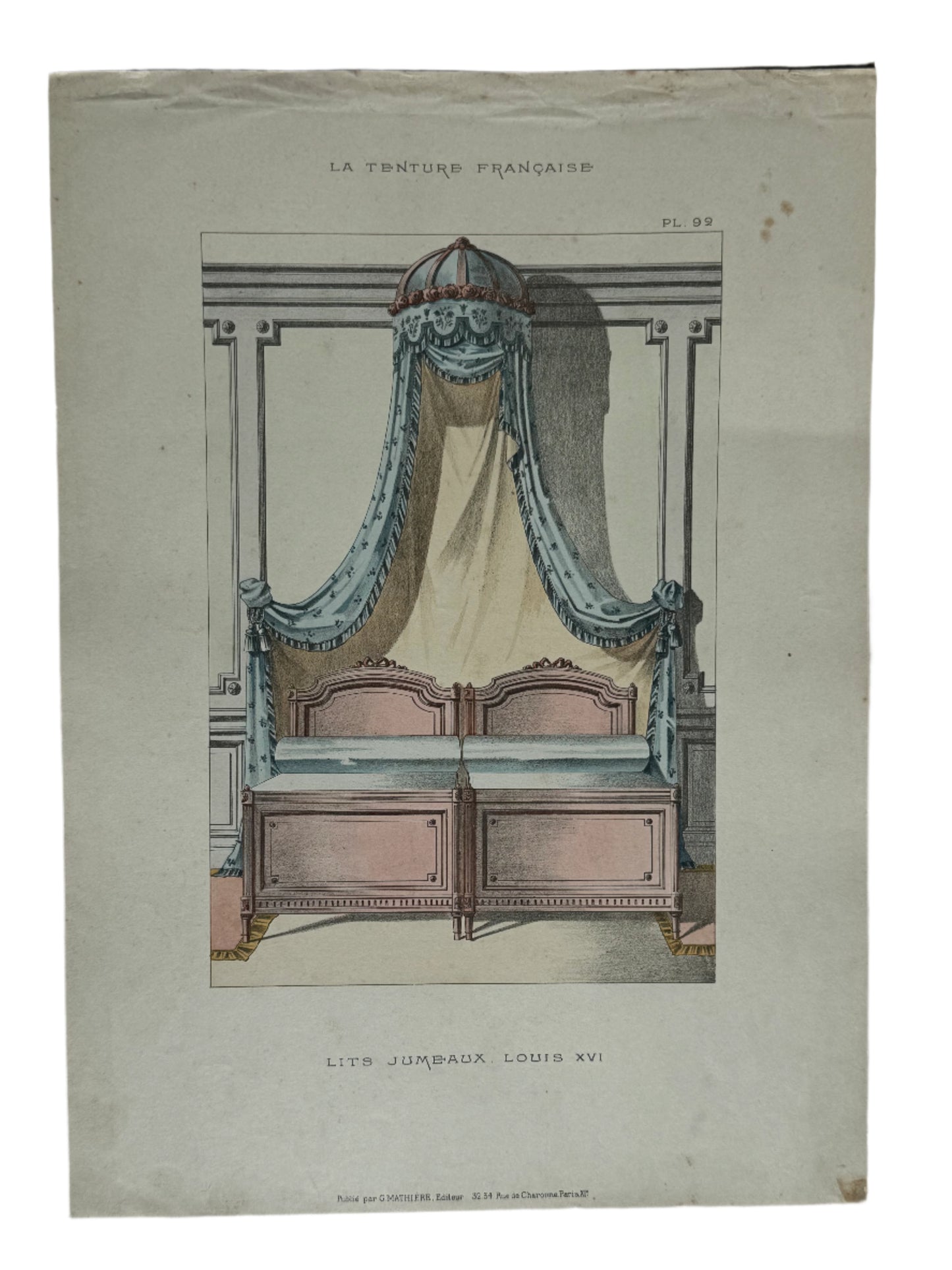 Antique French Hand-Colored Interior Lithograph of Double Bed