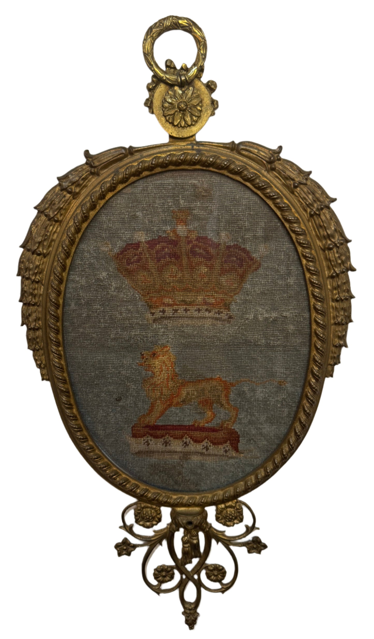 Antique Needlepoint Depicting a Crowned Lion Statant in an Ornate Gilt Bronze Frame