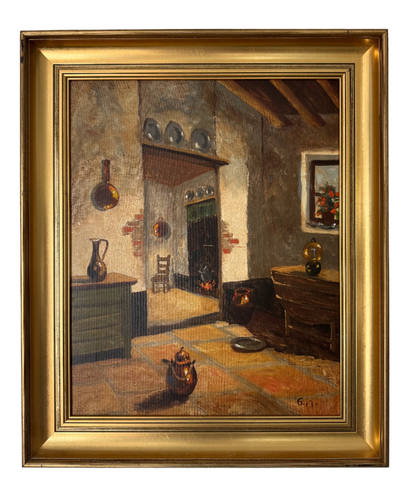 Vintage Oil on Canvas of Interior Scene
