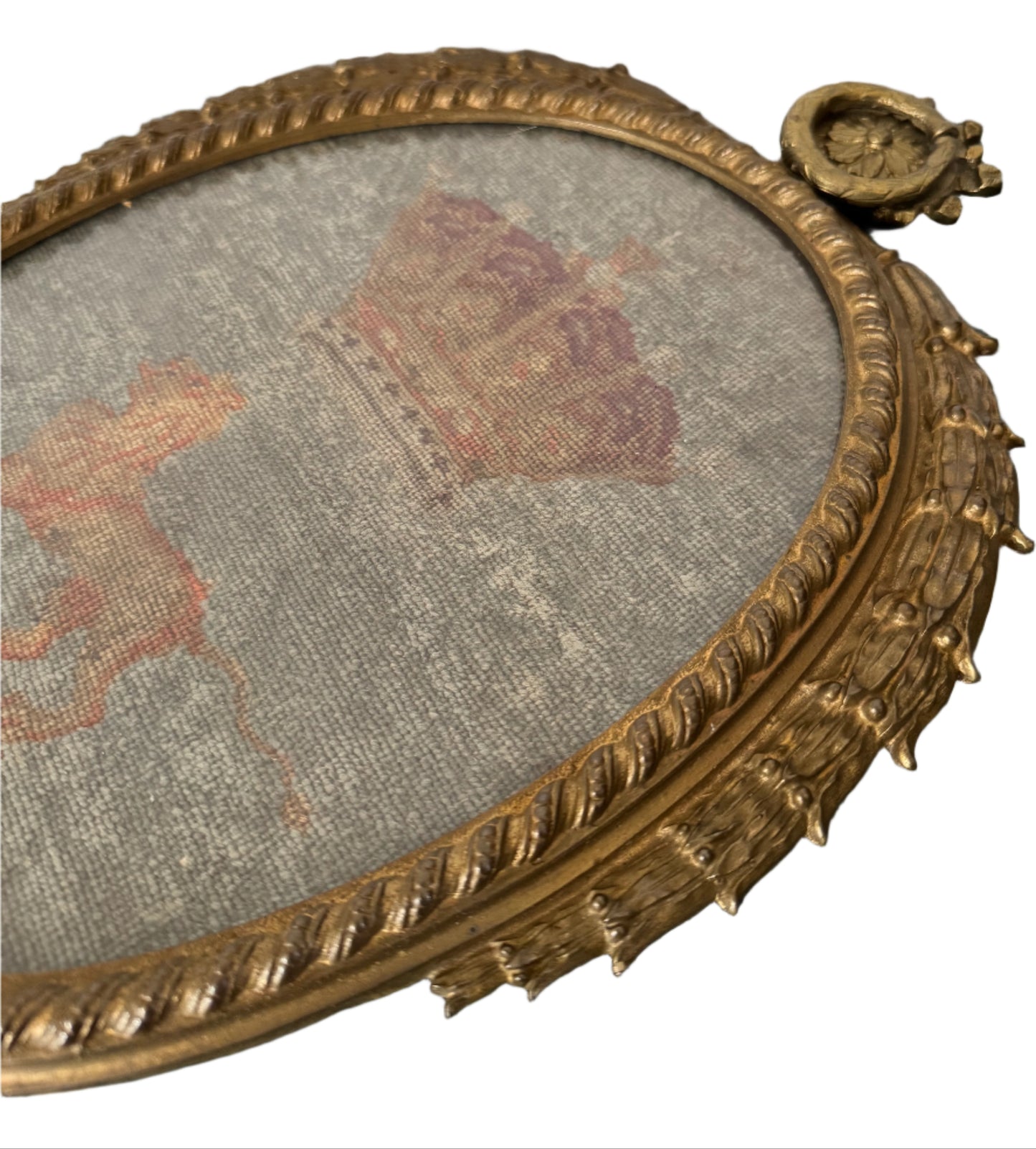 Antique Needlepoint Depicting a Crowned Lion Statant in an Ornate Gilt Bronze Frame