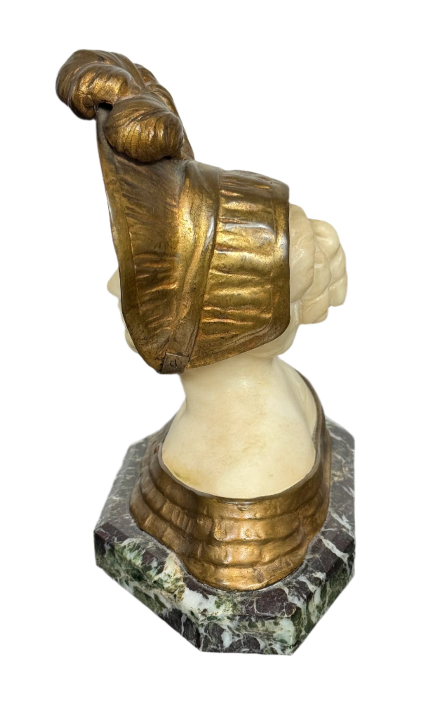 Antique Art Deco Carved Alabaster & Gilt Bust on Marble Base