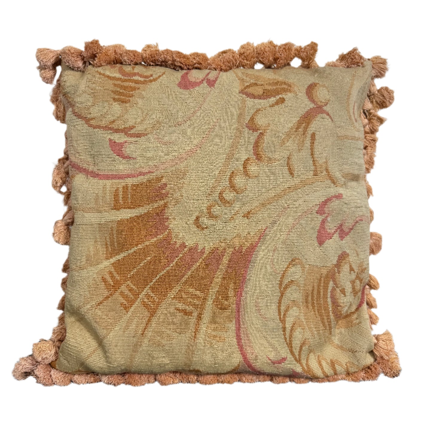 Antique French Aubusson Tapestry Pillow with Scroll Motif and Fringe Trim