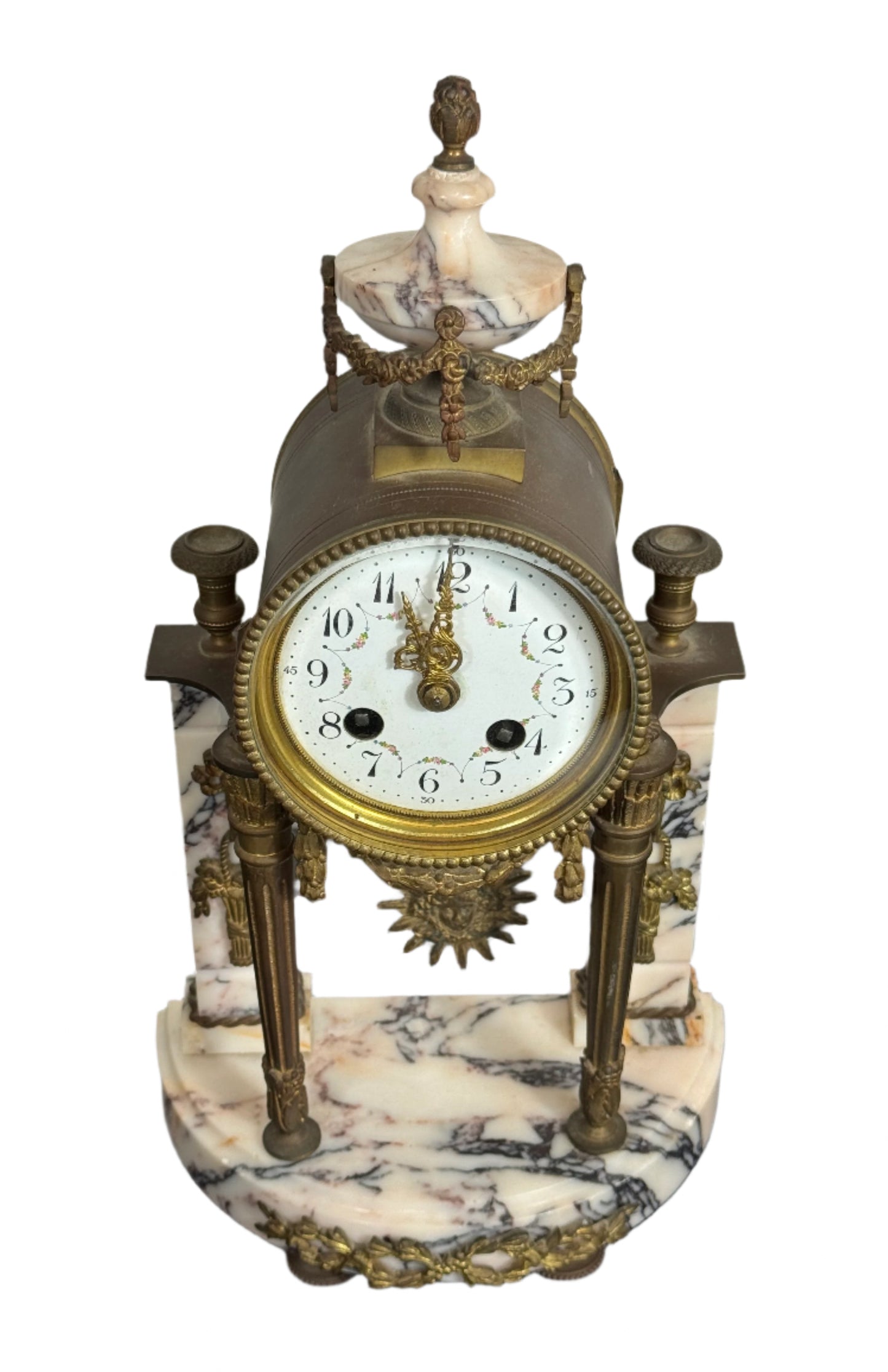 Antique French Marble and Bronze Portico Clock with Sunburst Pendulum