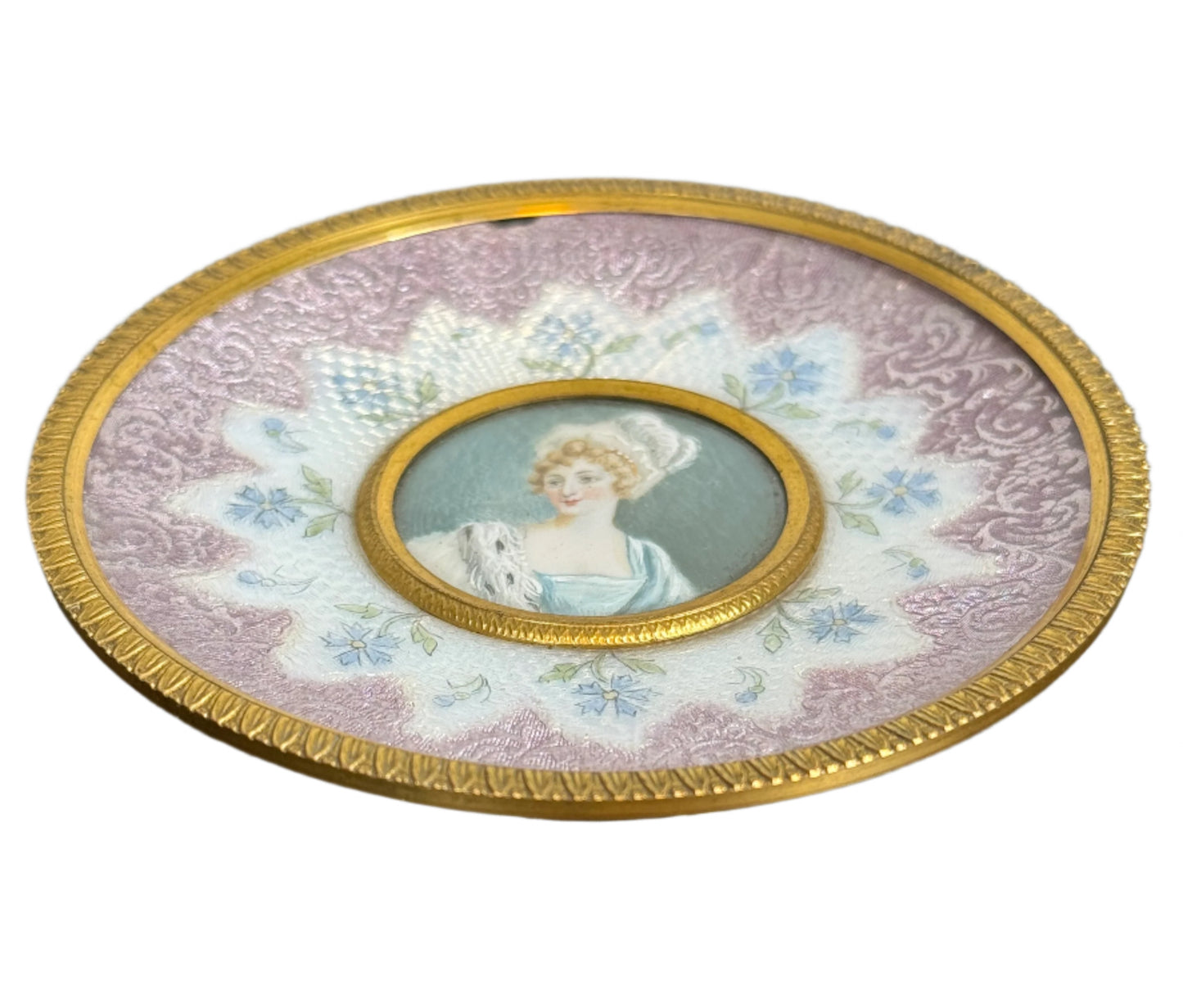 Antique Miniature Bronze Tazza with Signed Portrait Miniature and Guilloché Enamel