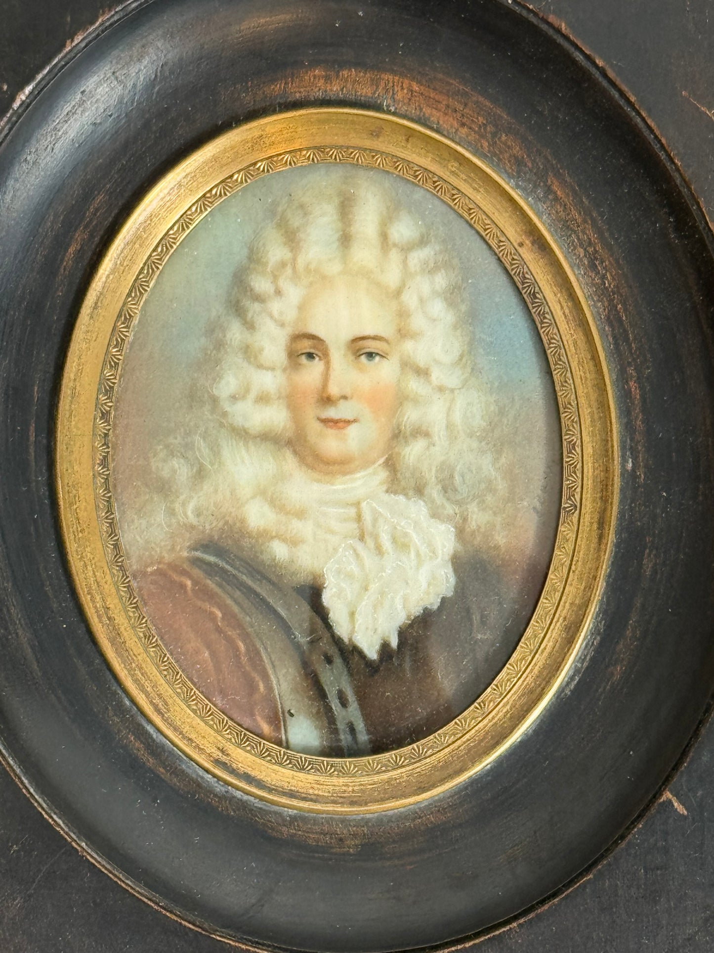 Antique Miniature Portrait Painting of an Aristocratic Gentleman in Ebonized Frame