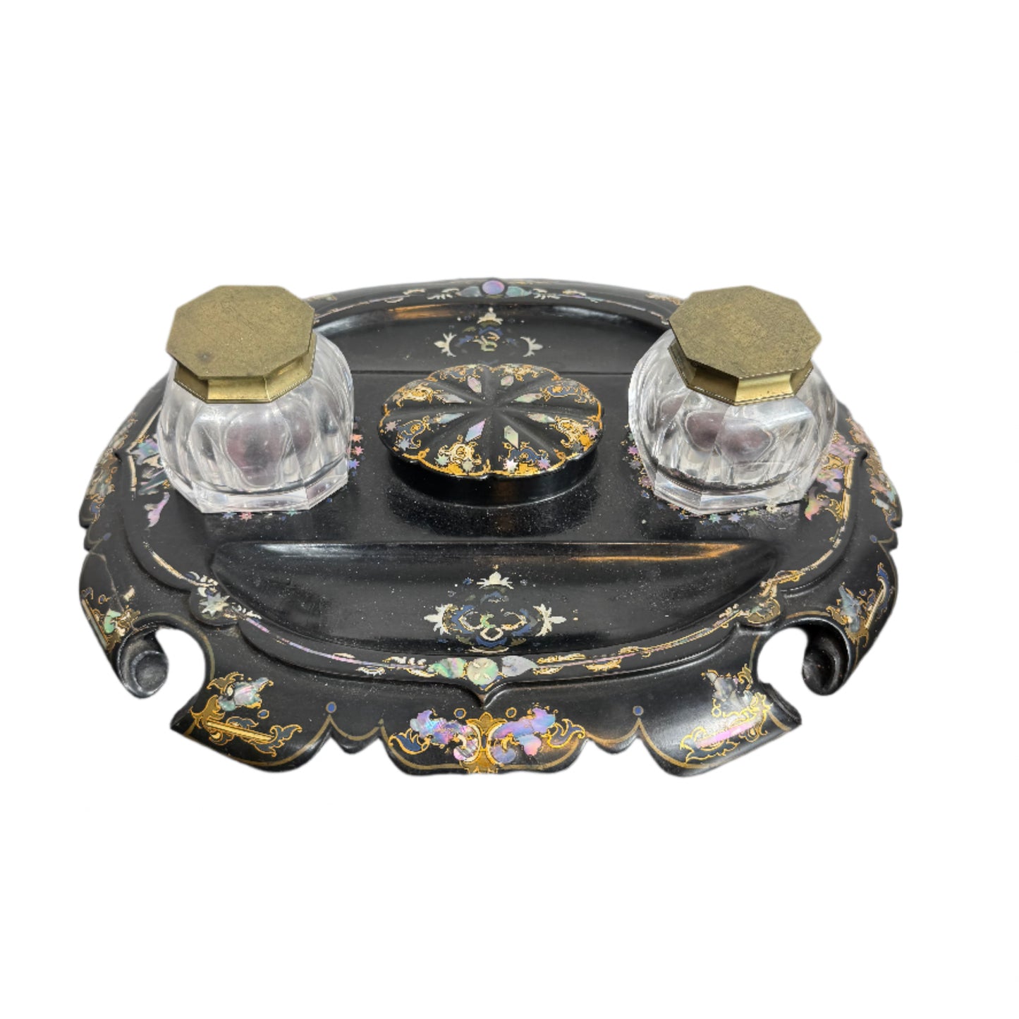 Antique Victorian Papier-Mâché and Mother-of-Pearl Inkwell