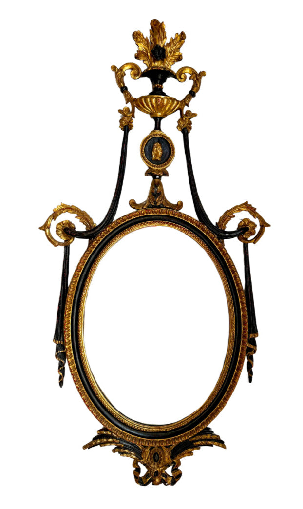 Antique Neoclassical Handcarved Black and Giltwood Mirror with Coin Medallion