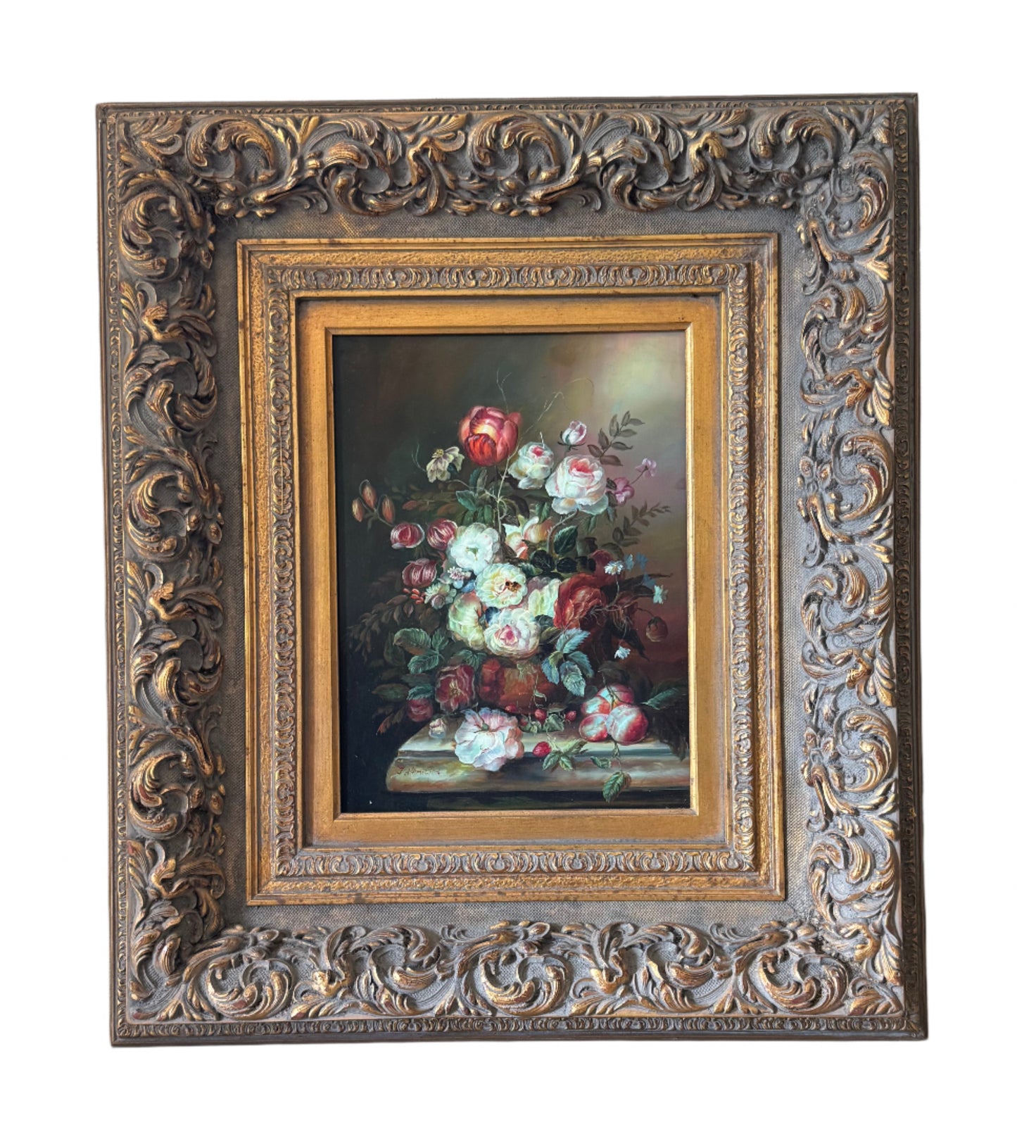 Vintage Still Life Floral Oil Painting in Ornate Baroque Frame