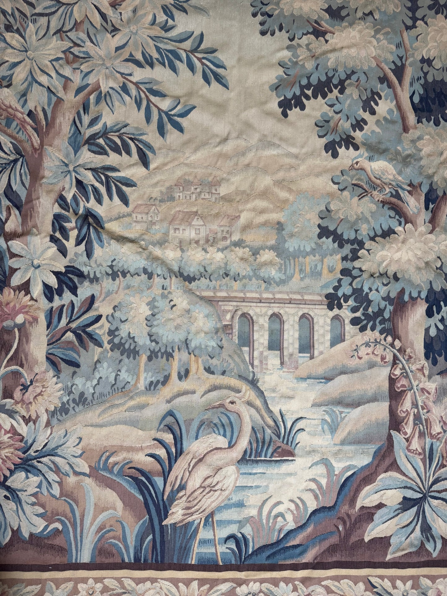 Large French Aubusson Verdure Tapestry with Herons and Architectural Landscape