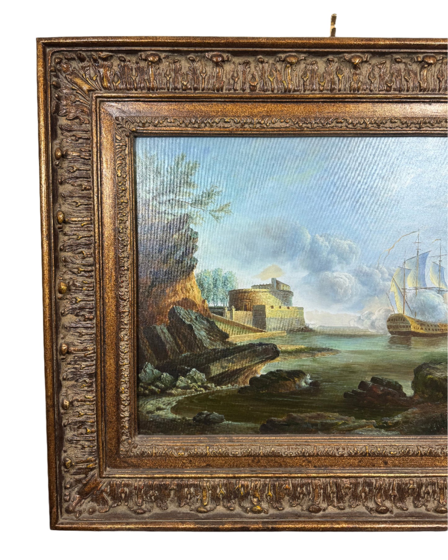 Large Vintage Maritime Oil Painting – Coastal Fort & Sailing Ships