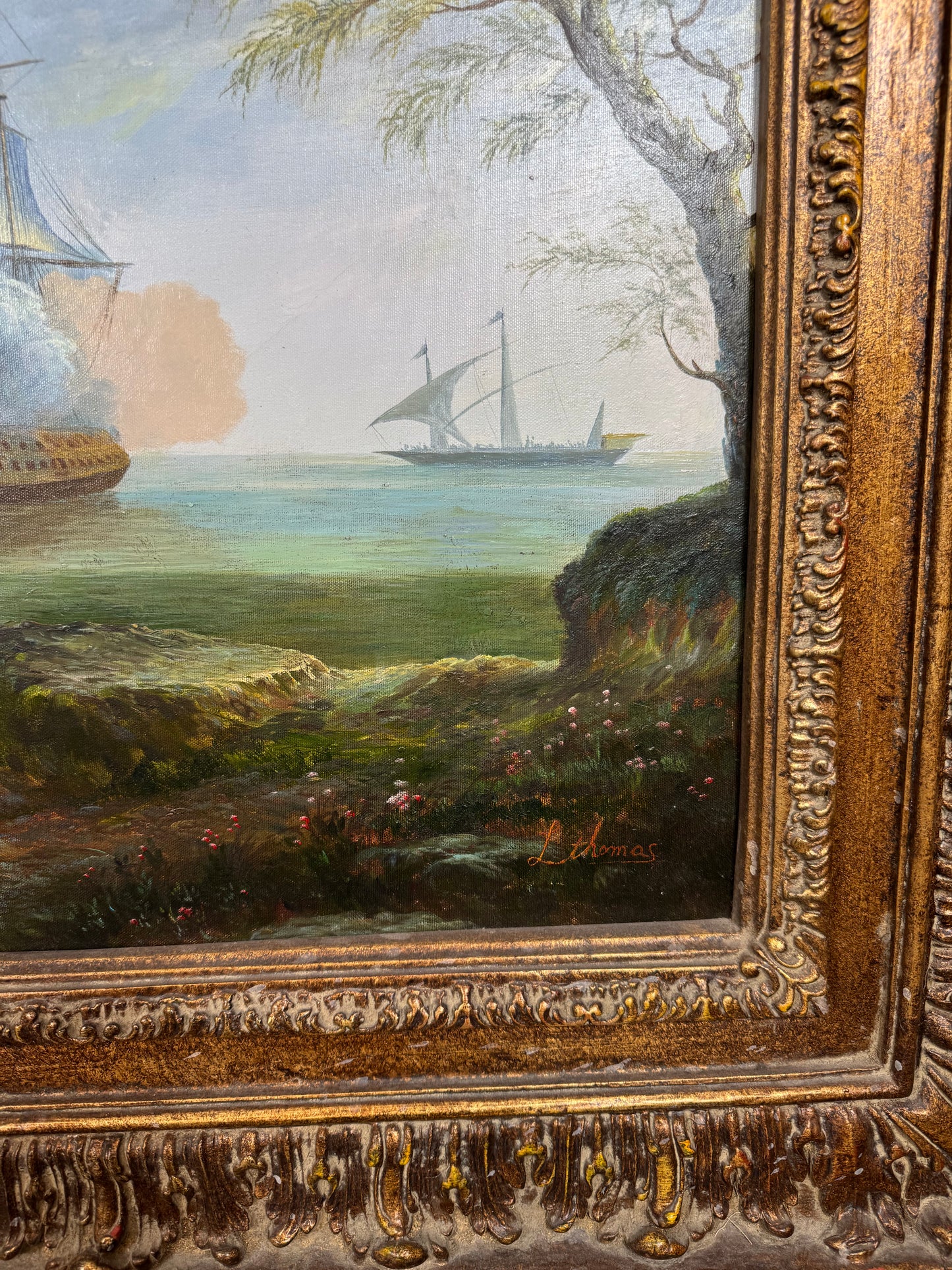 Large Vintage Maritime Oil Painting – Coastal Fort & Sailing Ships