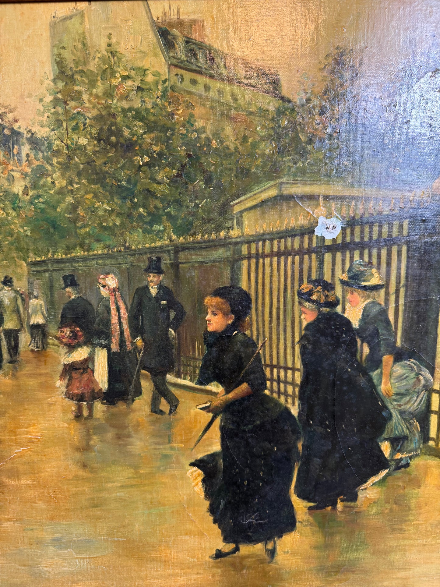 Vintage Continental-Style Oil Painting – Figures Outside an Iron Gate