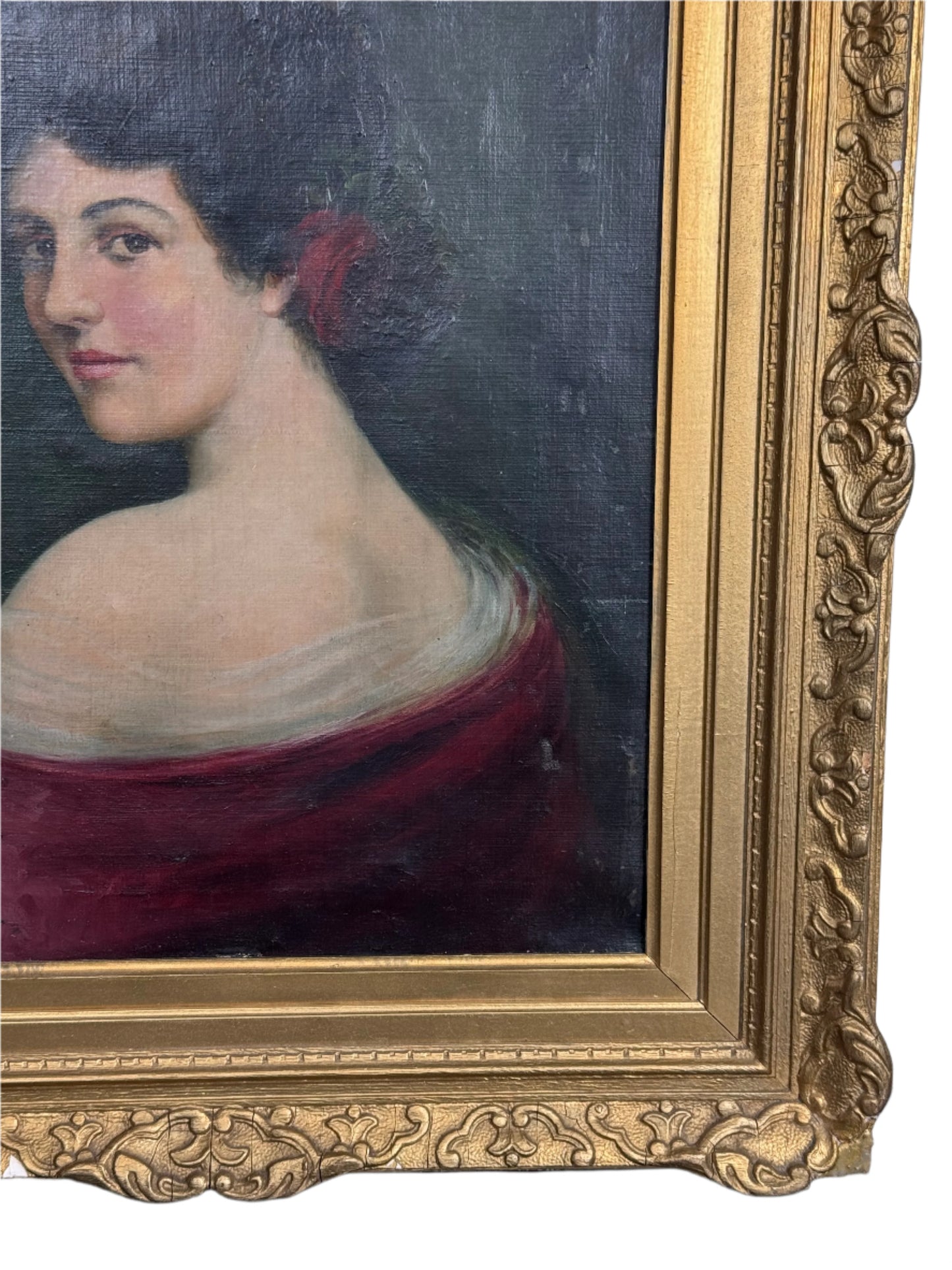 antique portrait painting with flower