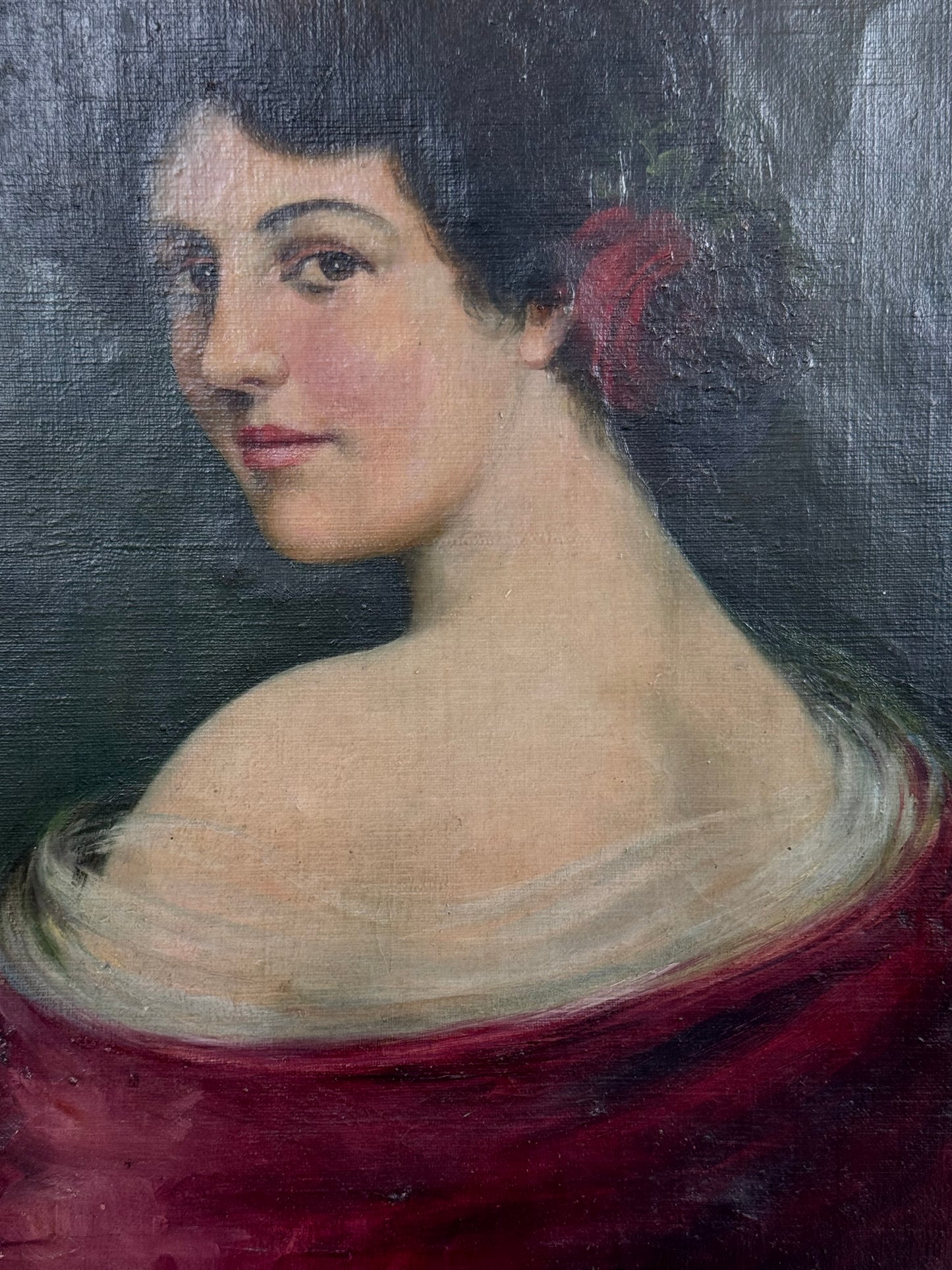 antique portrait painting with flower