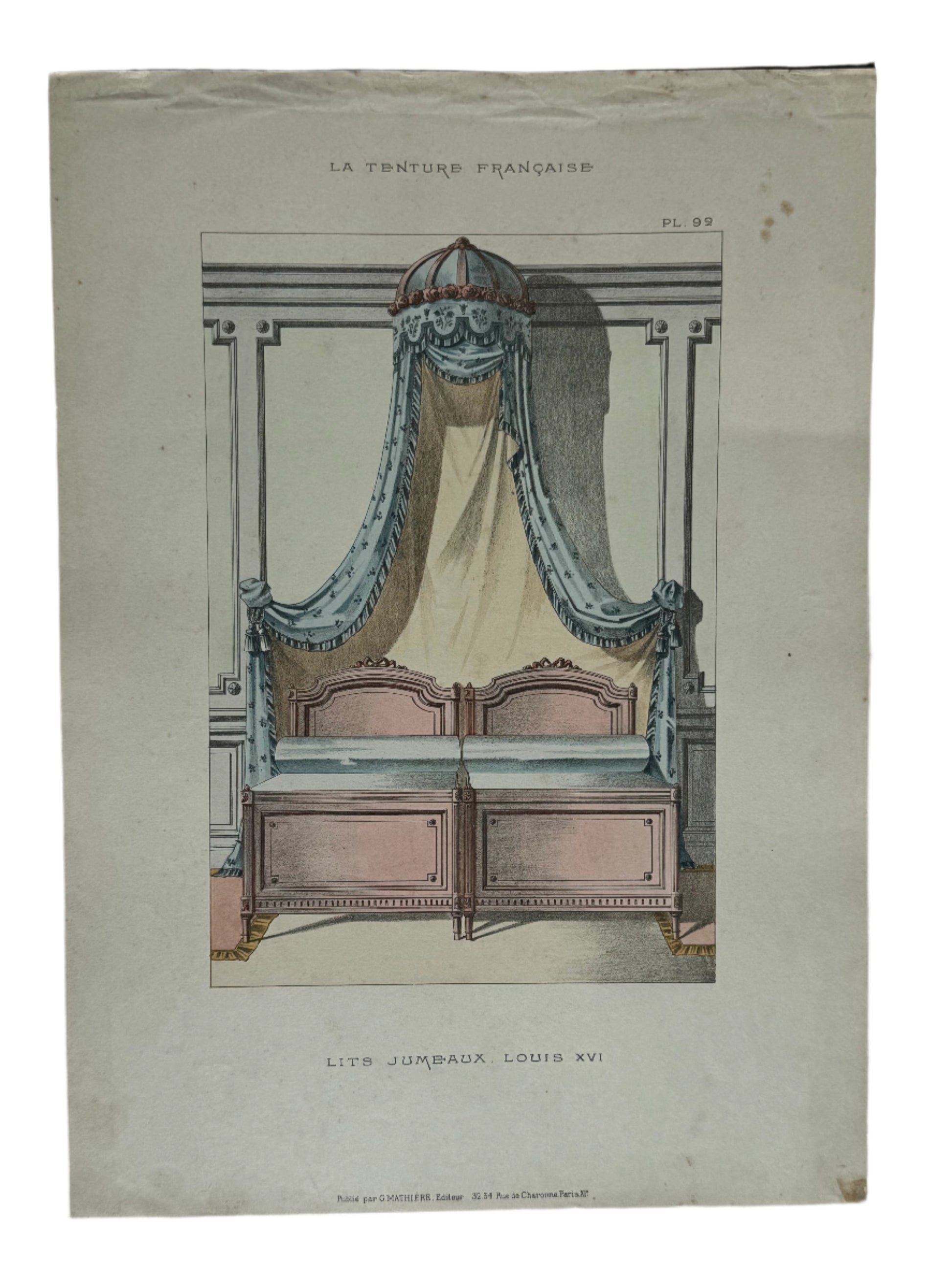 Antique French Hand-Colored Interior Lithograph of Double Bed