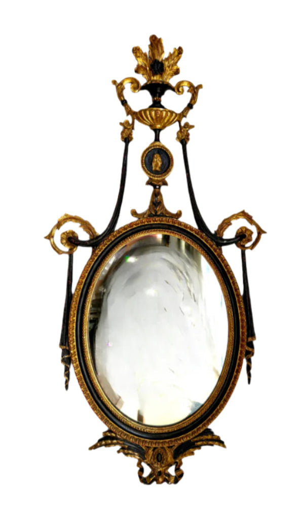 Antique Neoclassical Handcarved Black and Giltwood Mirror with Coin Medallion