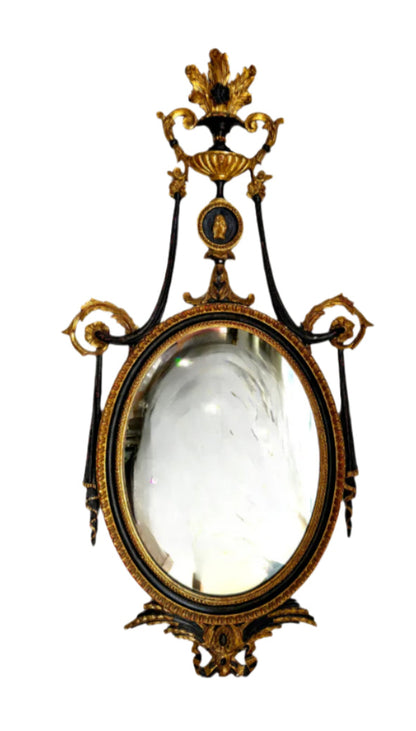 Antique Neoclassical Handcarved Black and Giltwood Mirror with Coin Medallion