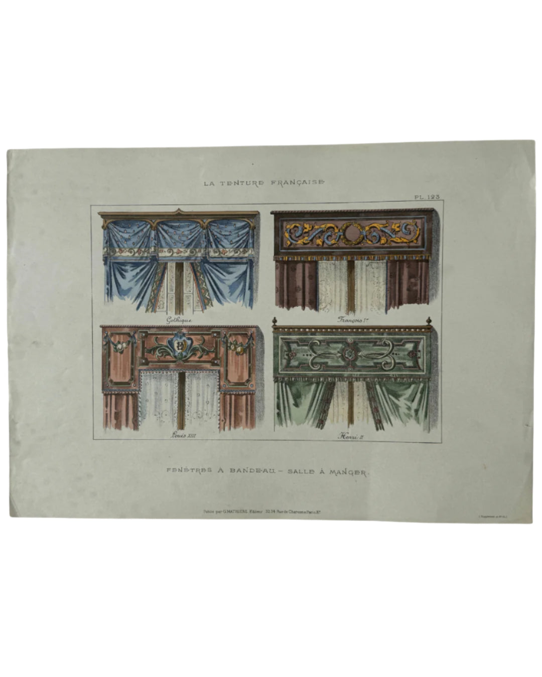 Antique French Hand-Colored Interior Lithograph of Windows Dressings
