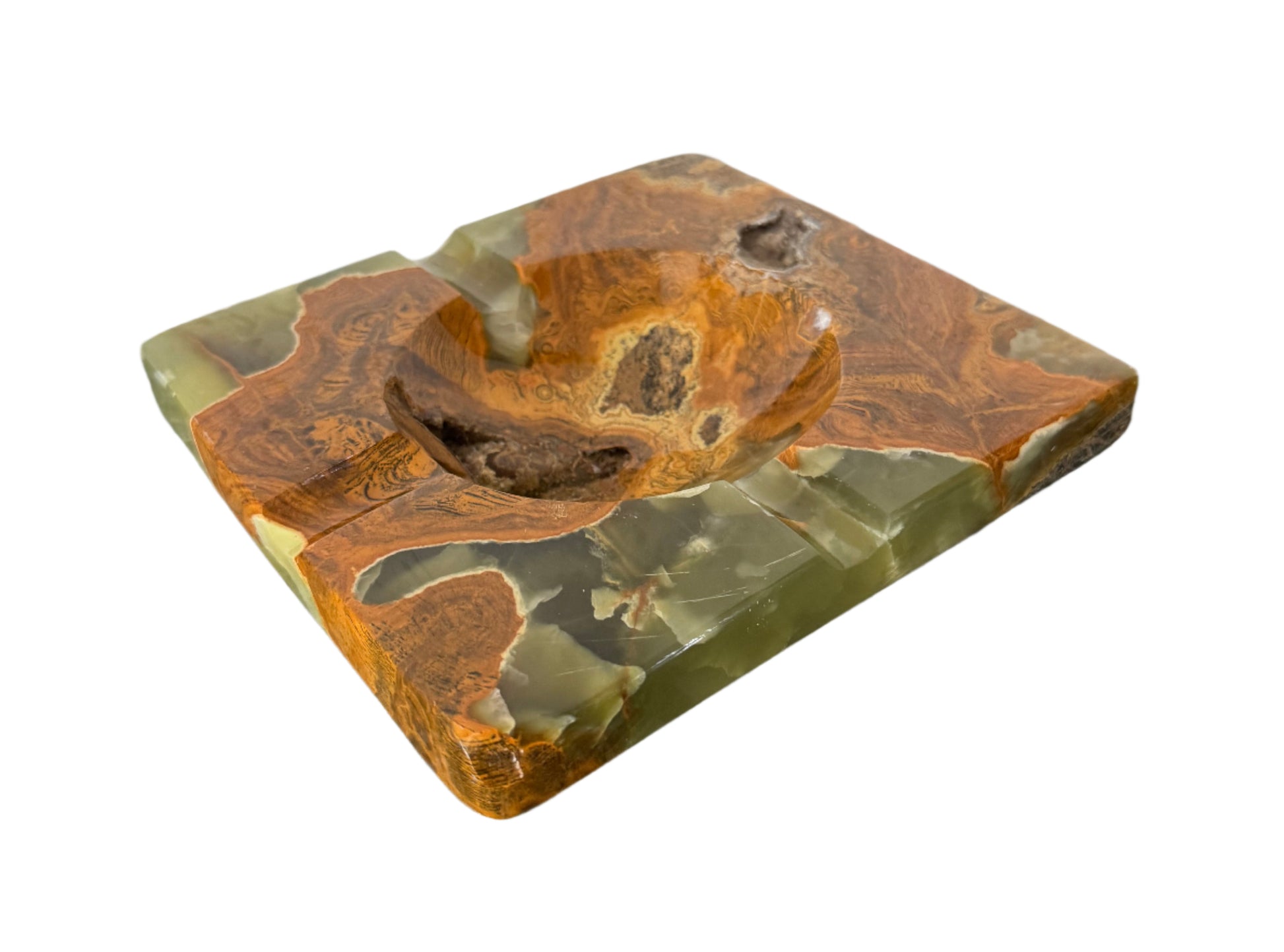 Large Vintage Green and Brown Onyx Trinket Dish/Ashtray