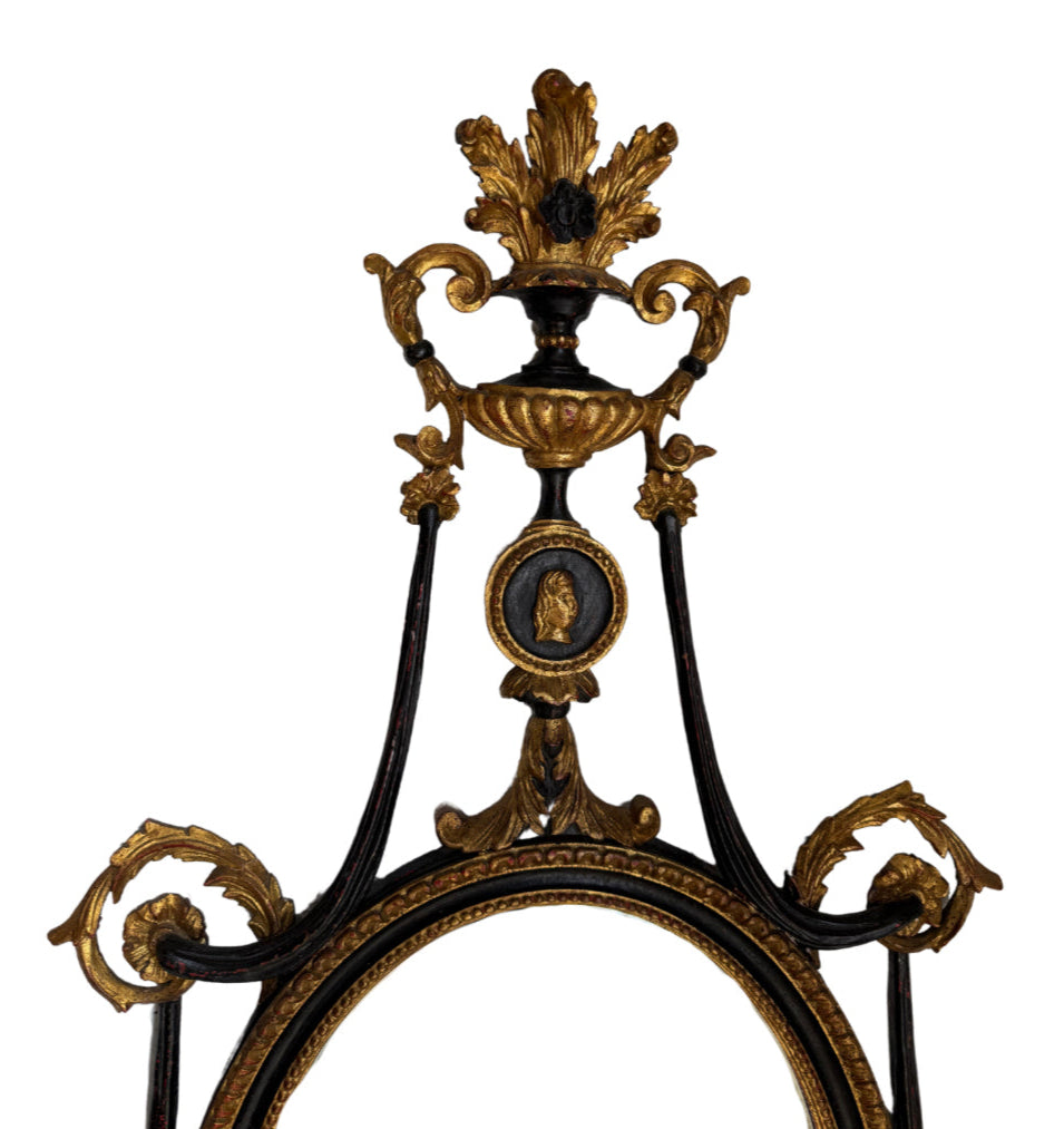 Antique Neoclassical Handcarved Black and Giltwood Mirror with Coin Medallion