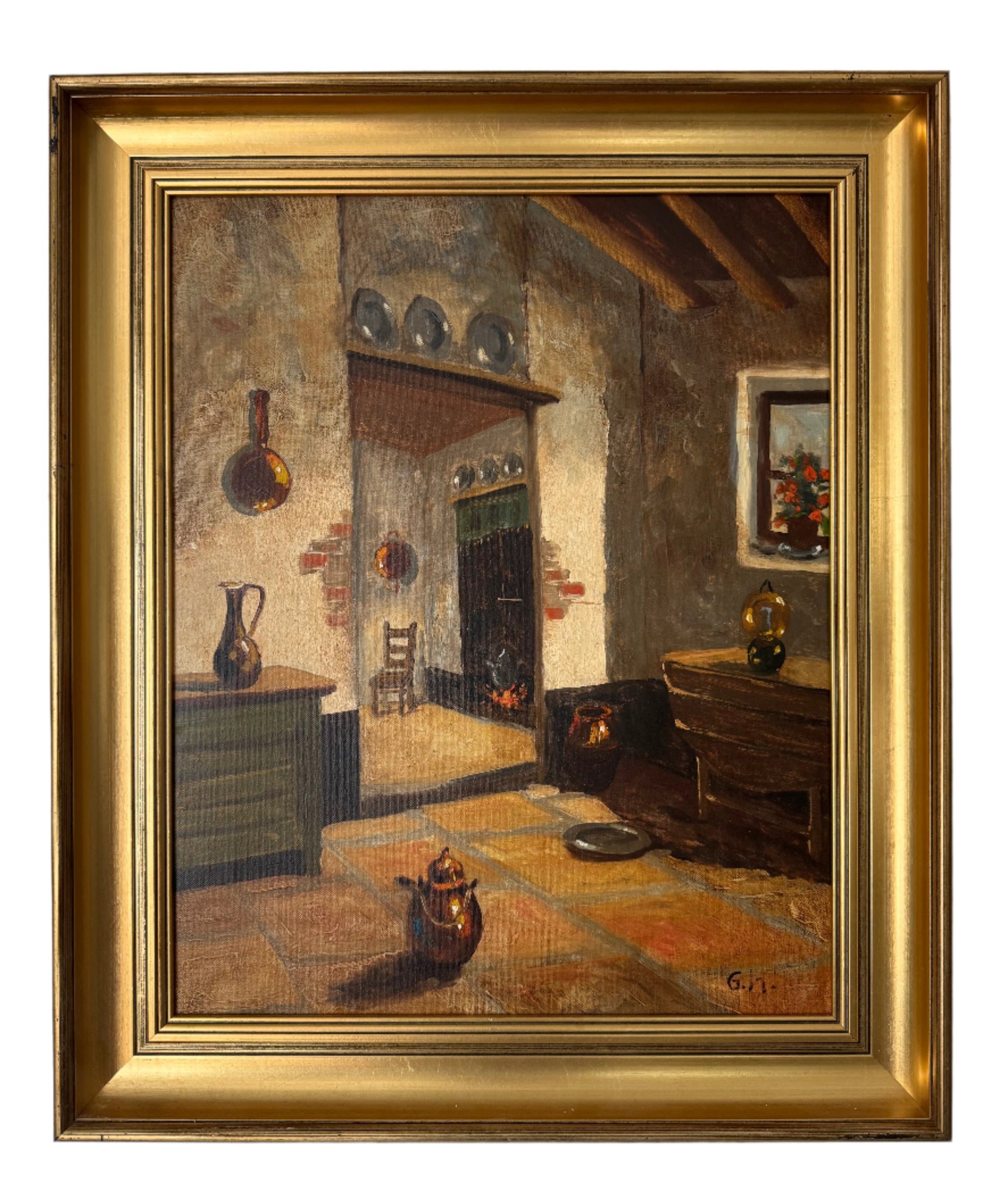 Vintage Oil on Canvas of Interior Scene
