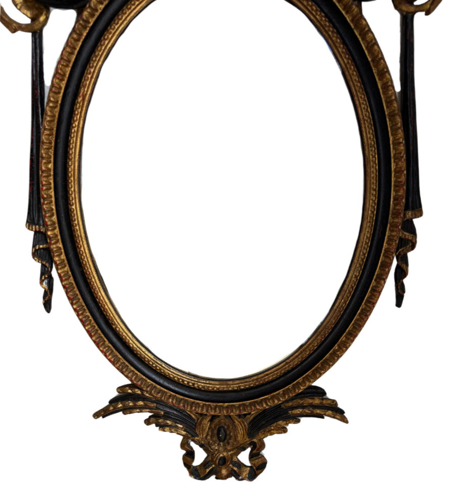 Antique Neoclassical Handcarved Black and Giltwood Mirror with Coin Medallion