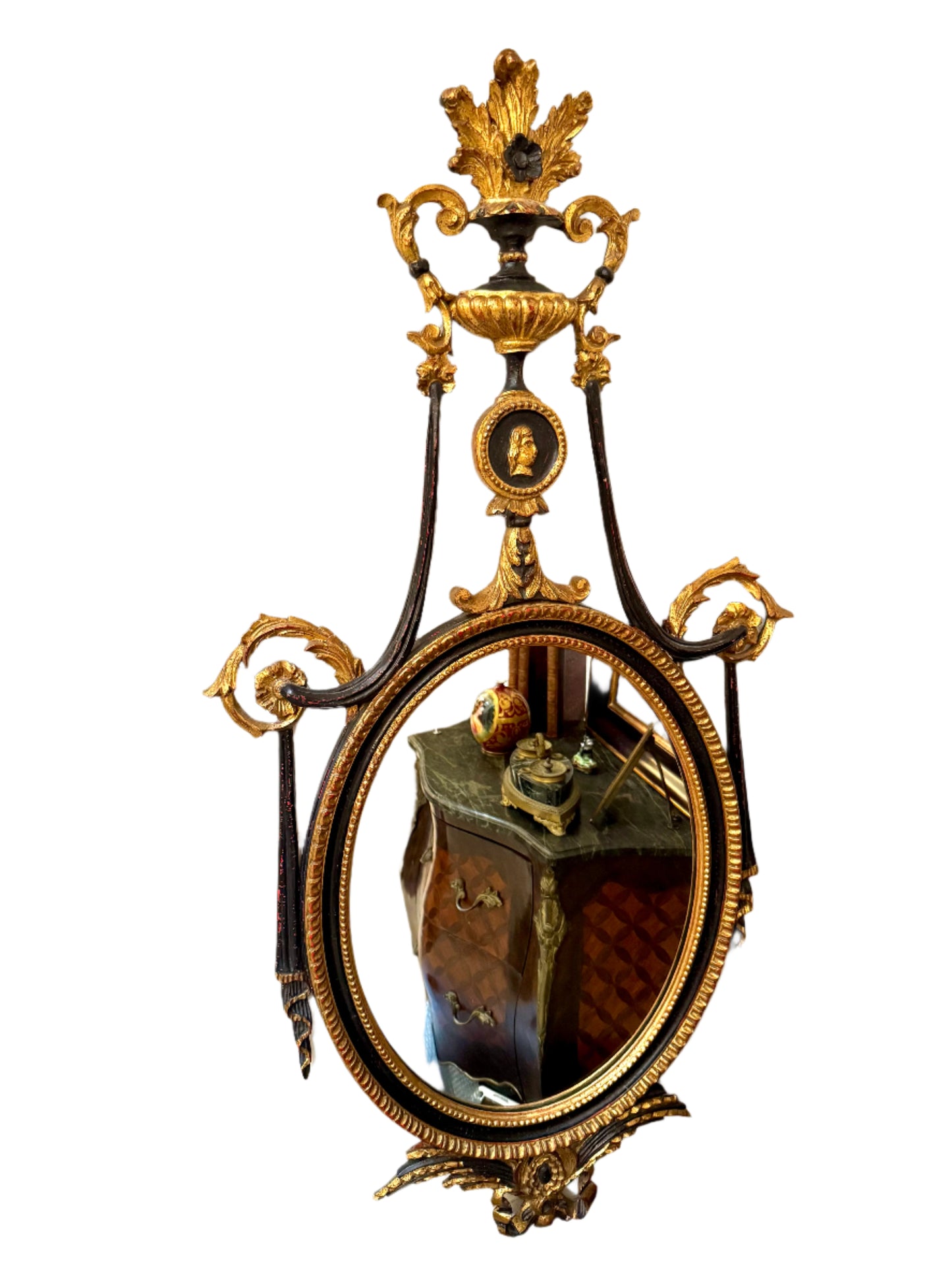 Antique Neoclassical Handcarved Black and Giltwood Mirror with Coin Medallion