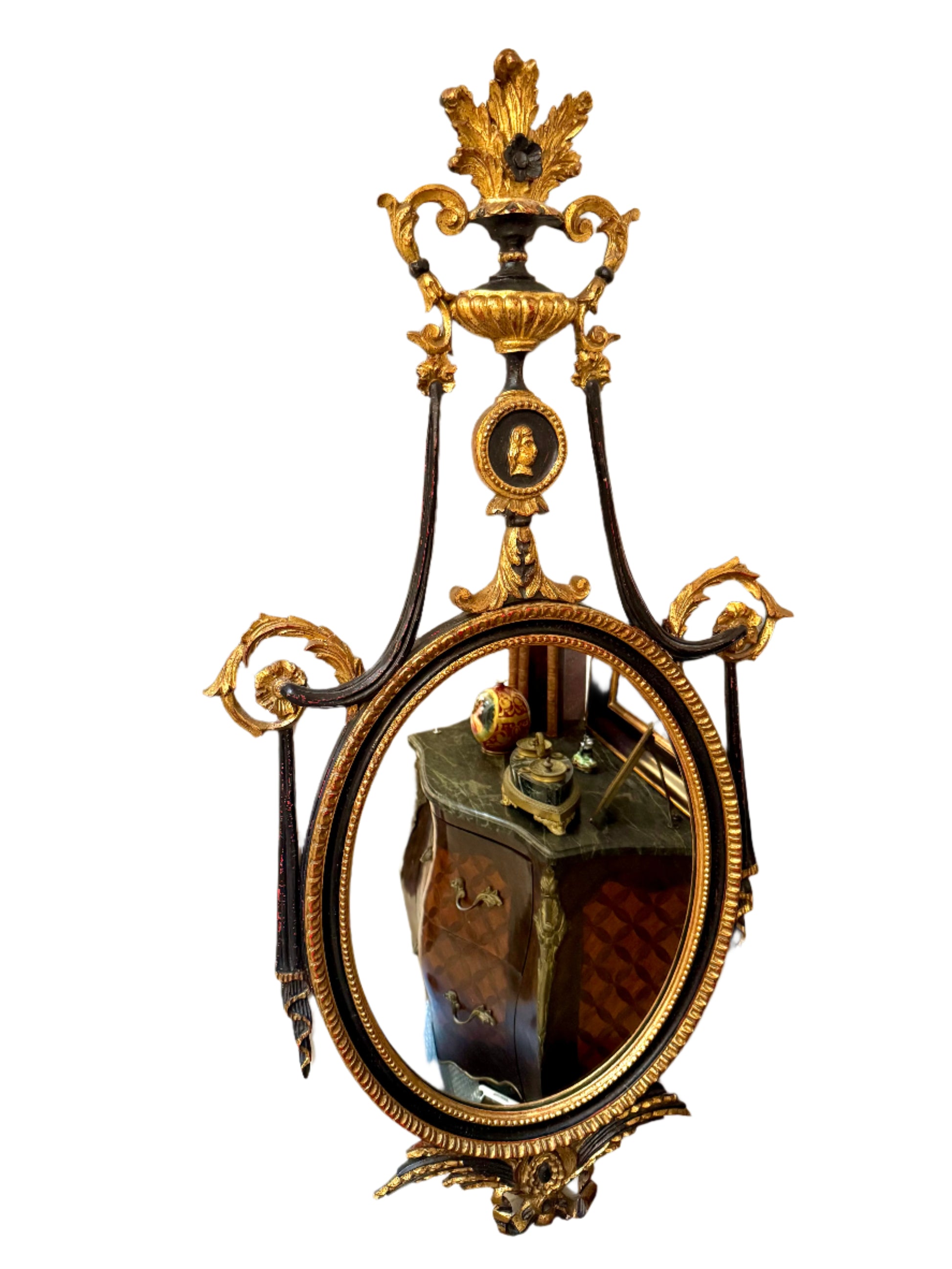 Antique Neoclassical Handcarved Black and Giltwood Mirror with Coin Medallion