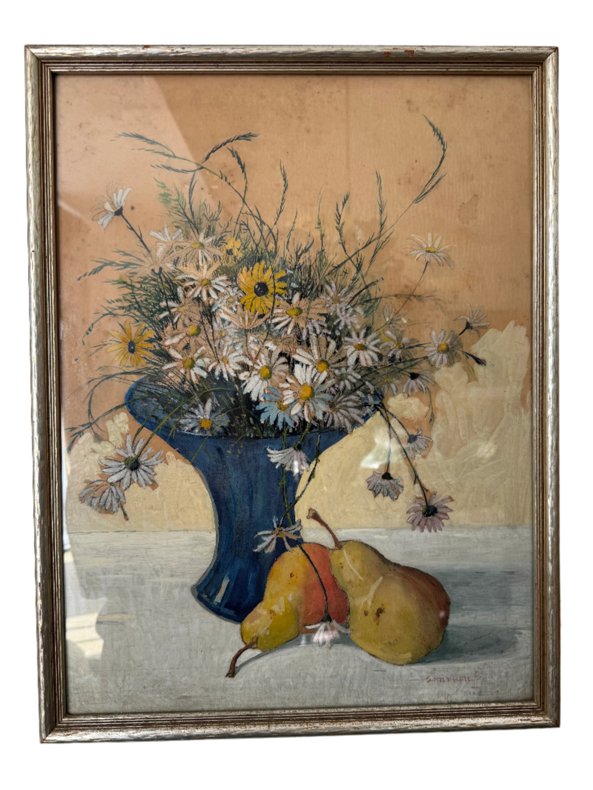 Vintage Multimedia Still Life of Flowers and Pears