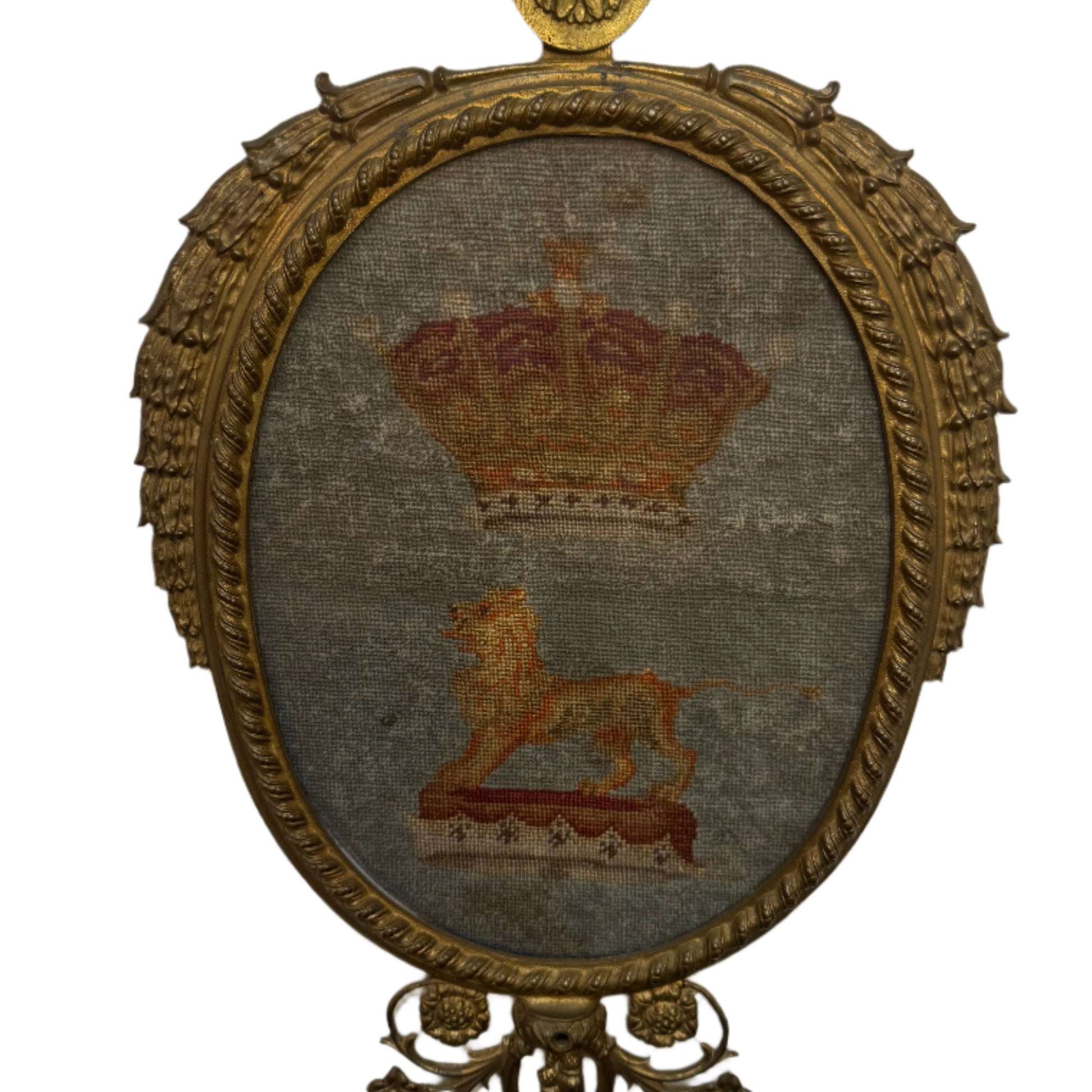 Antique Needlepoint Depicting a Crowned Lion Statant in an Ornate Gilt Bronze Frame