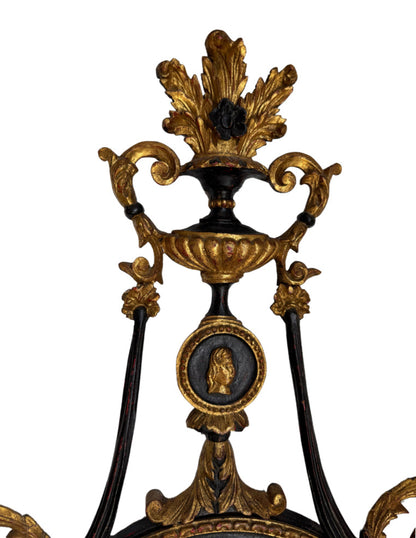 Antique Neoclassical Handcarved Black and Giltwood Mirror with Coin Medallion