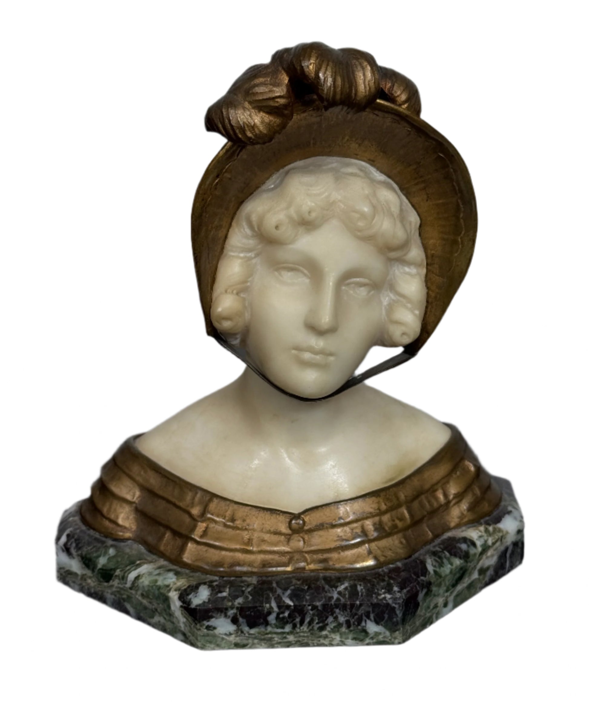 Antique Art Deco Carved Alabaster & Gilt Bust on Marble Base