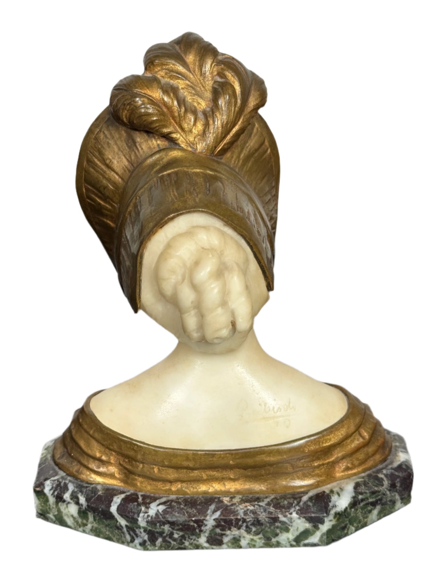 Antique Art Deco Carved Alabaster & Gilt Bust on Marble Base