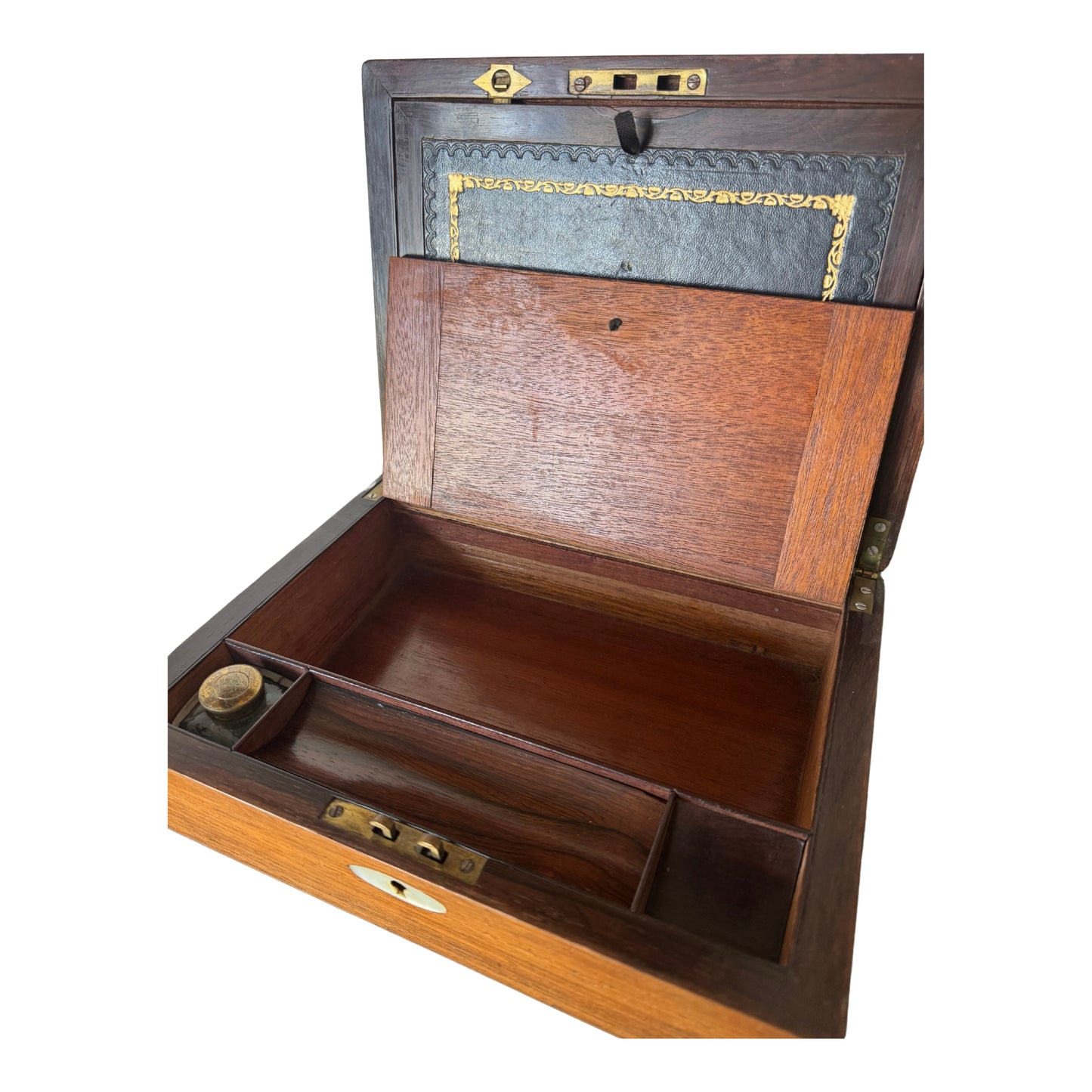 Antique English Victorian Writing Slope — Mother of Pearl Inlay, Leather & Inkwell