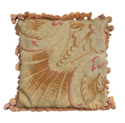 Antique French Aubusson Tapestry Pillow with Scroll Motif and Fringe Trim