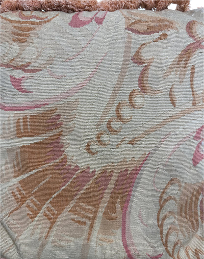 Antique French Aubusson Tapestry Pillow with Scroll Motif and Fringe Trim