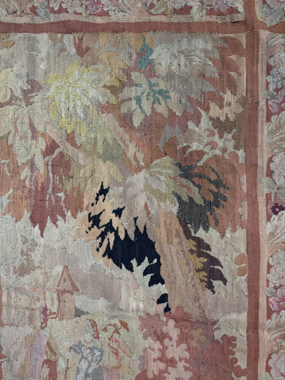 Antique French Aubusson Verdure Tapestry with Romantic Figures and Floral Border