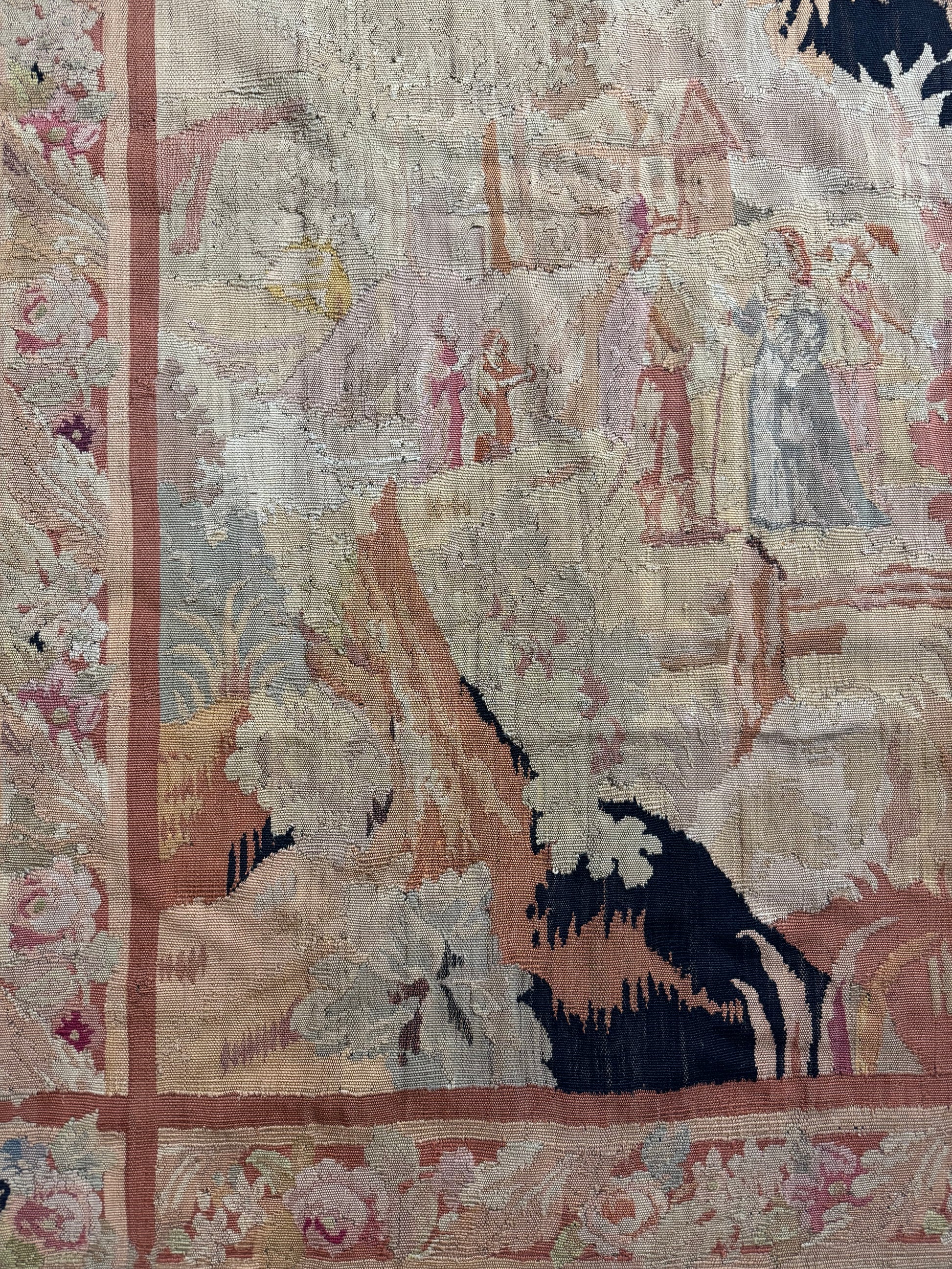 Antique French Aubusson Verdure Tapestry with Romantic Figures and Floral Border