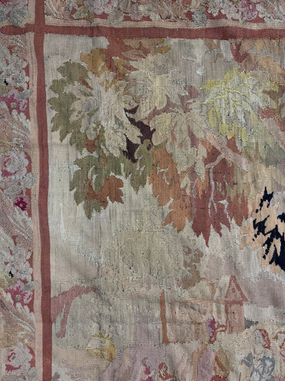 Antique French Aubusson Verdure Tapestry with Romantic Figures and Floral Border