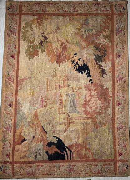 Antique French Aubusson Verdure Tapestry with Romantic Figures and Floral Border