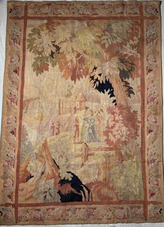Antique French Aubusson Verdure Tapestry with Romantic Figures and Floral Border