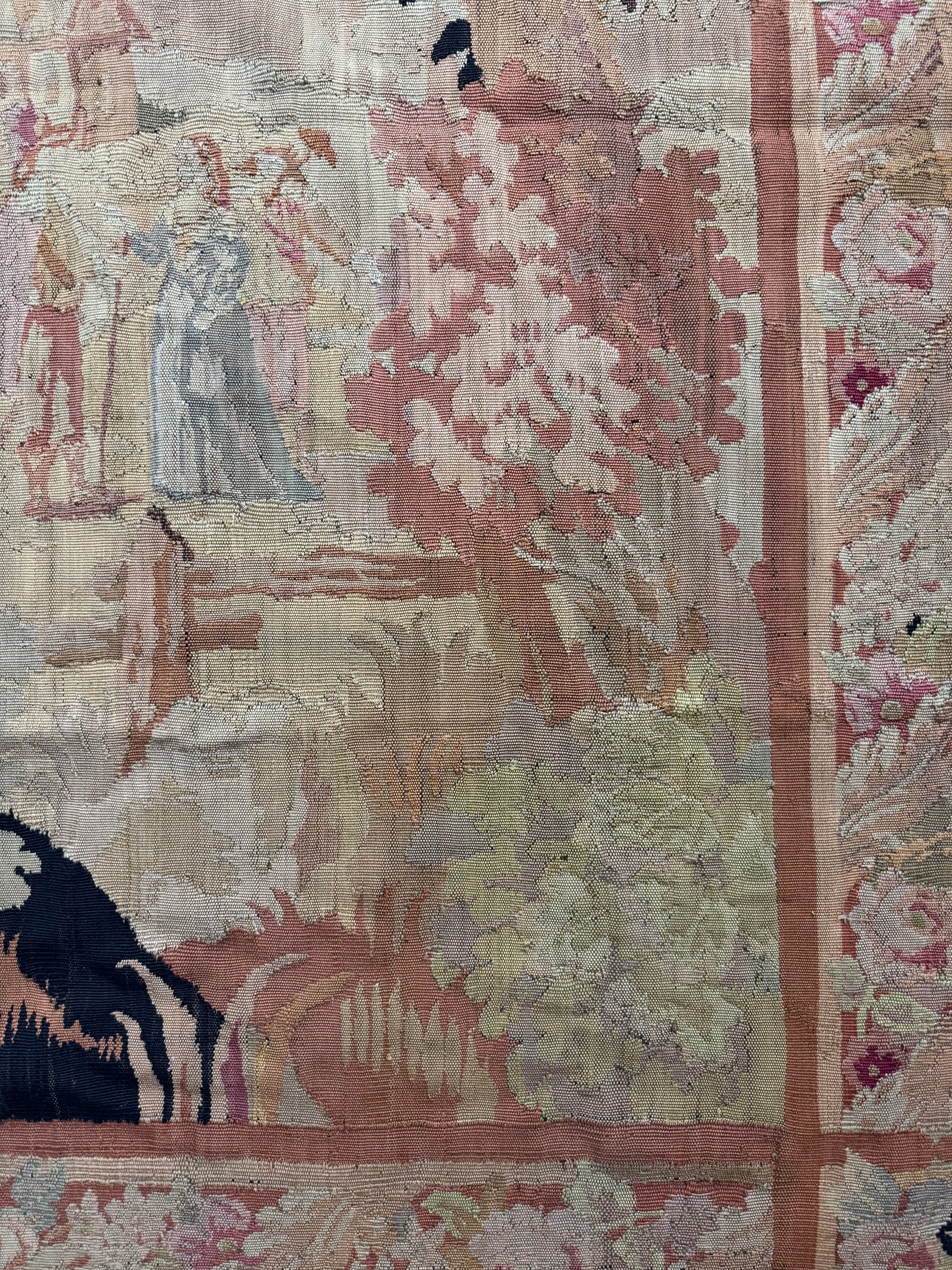 Antique French Aubusson Verdure Tapestry with Romantic Figures and Floral Border