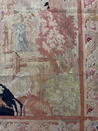 Antique French Aubusson Verdure Tapestry with Romantic Figures and Floral Border