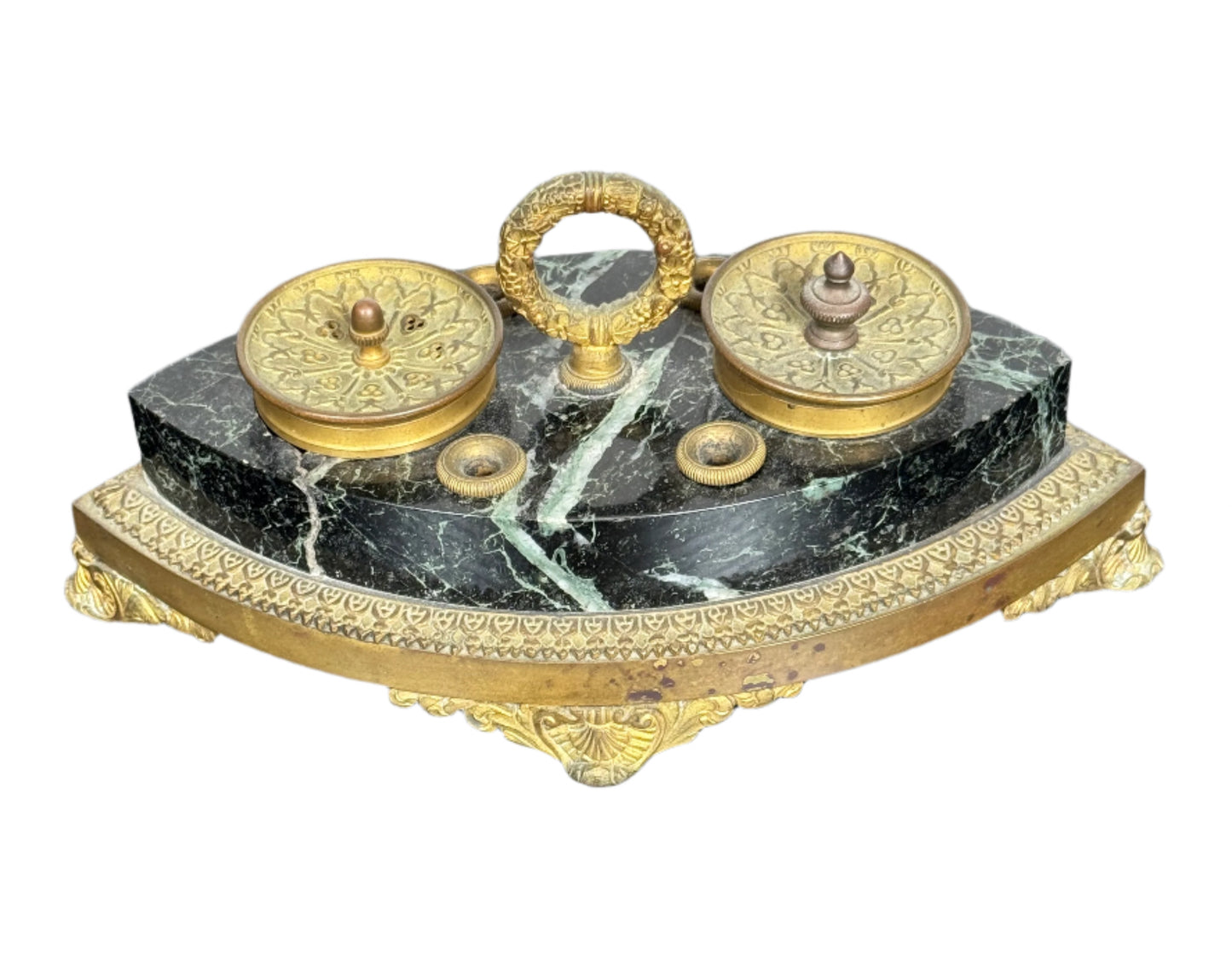 Antique French Empire Revival Green Marble & Gilt Bronze Inkwell, c. Late 19th Century