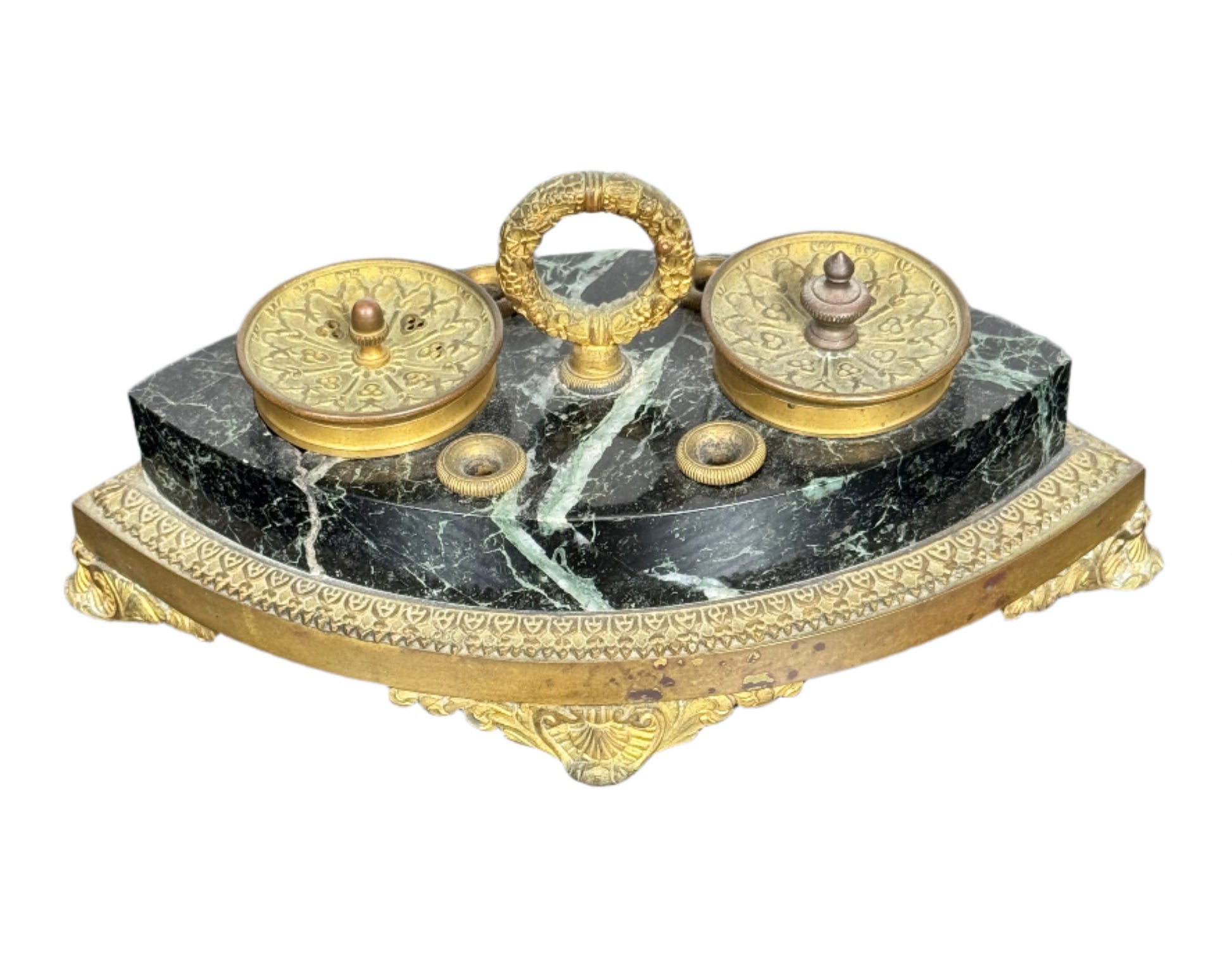 Antique French Empire Revival Green Marble & Gilt Bronze Inkwell, c. Late 19th Century