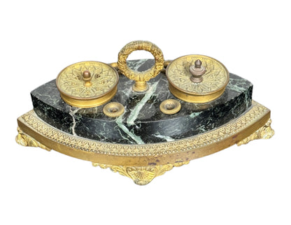 Antique French Empire Revival Green Marble & Gilt Bronze Inkwell, c. Late 19th Century