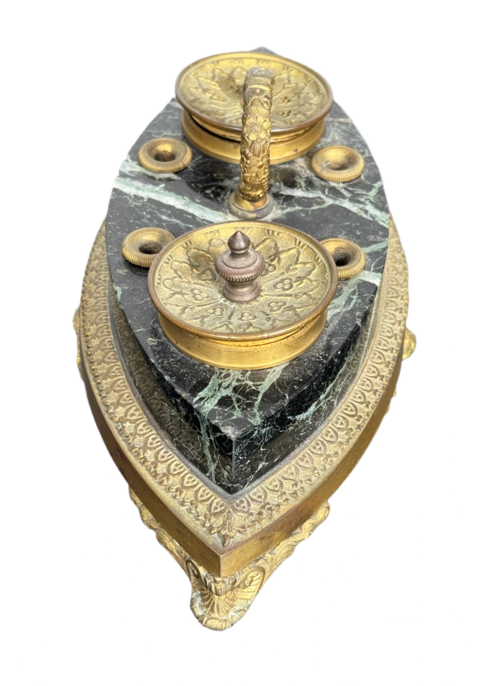 Antique French Empire Revival Green Marble & Gilt Bronze Inkwell, c. Late 19th Century