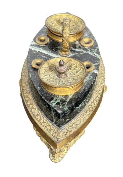 Antique French Empire Revival Green Marble & Gilt Bronze Inkwell, c. Late 19th Century