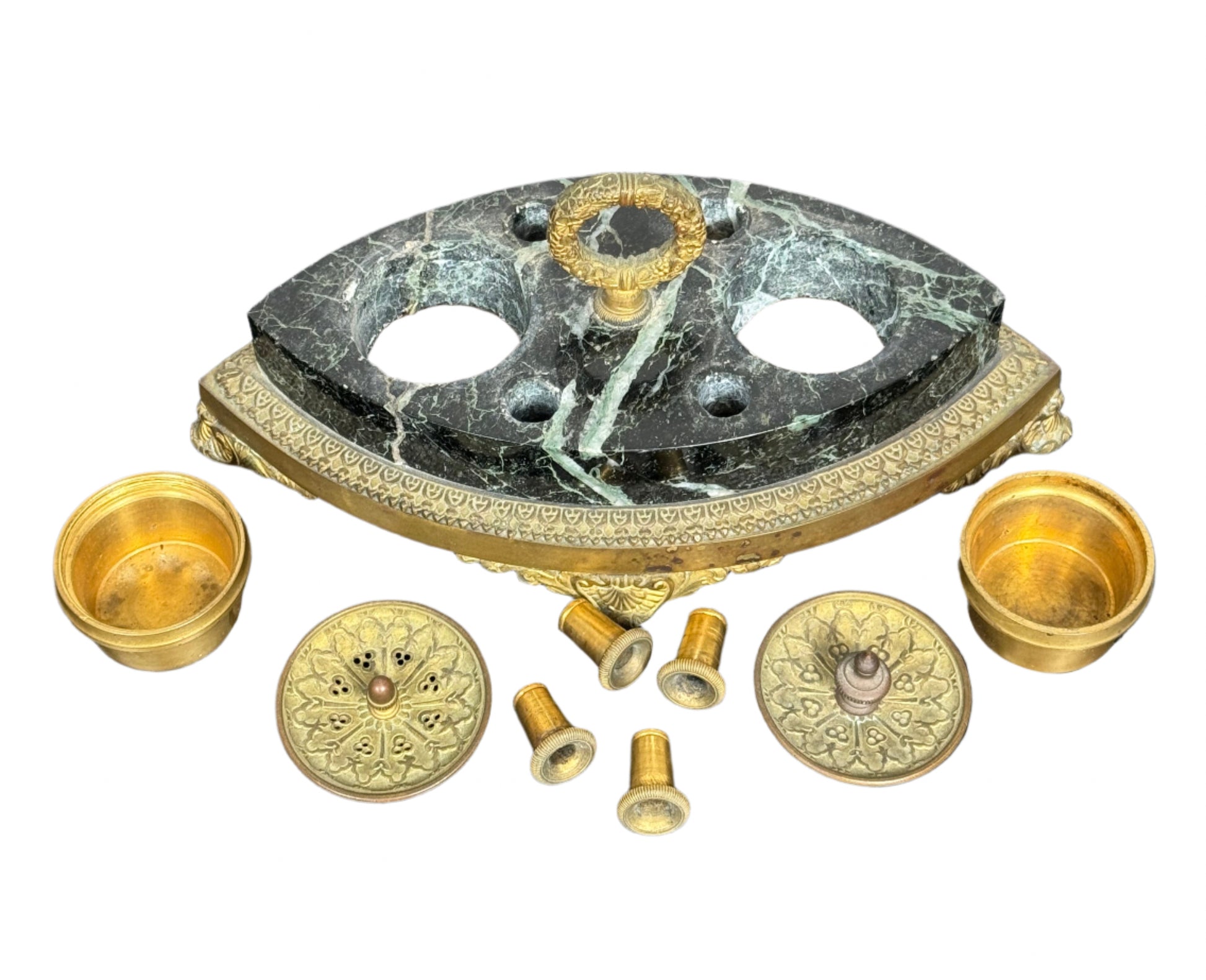 Antique French Empire Revival Green Marble & Gilt Bronze Inkwell, c. Late 19th Century