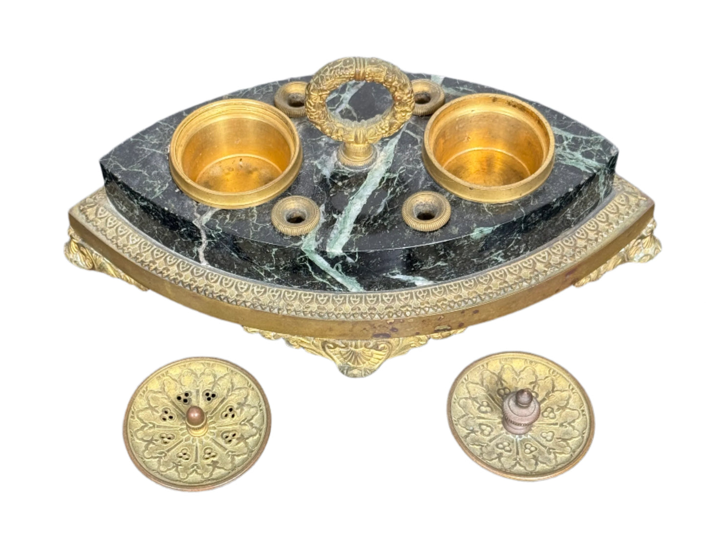 Antique French Empire Revival Green Marble & Gilt Bronze Inkwell, c. Late 19th Century